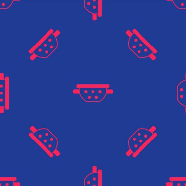 Kırmızı Mutfak süzgeç simgesi mavi arkaplanda izole edilmiş. Mutfak aletleri. Çatal bıçak seti. Vektör