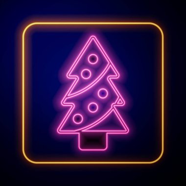 Siyah arka planda izole edilmiş dekorasyon simgesiyle parlayan neon Noel ağacı. Mutlu Noeller ve mutlu yıllar. Vektör