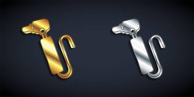 Altın ve gümüş dişli matkap simgesi siyah arkaplanda izole edildi. Delme ve öğütme aletleri için el işi. Uzun gölge tarzı. Vektör