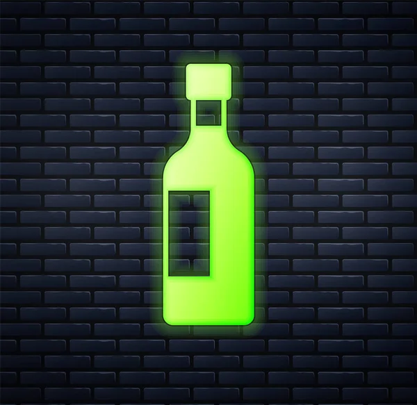Leuchtende neonfarbene Flasche Wein Ikone isoliert auf Backsteinwand Hintergrund. Vektor — Stockvektor