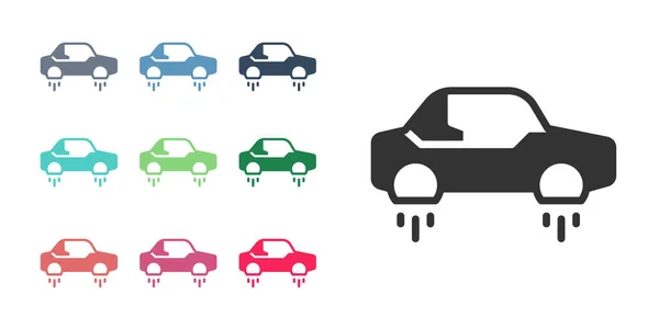 白の背景に隔離されたブラックファンタスティック飛行車のアイコン。将来の技術輸送にカーソルを合わせます。カラフルなアイコンを設定します。ベクトル — ストックベクタ