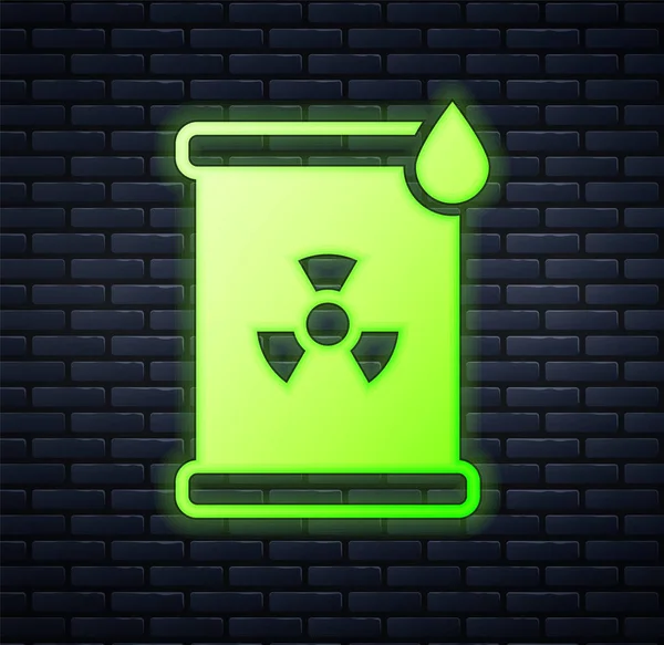 Glowing neon Radioactive waste in barrel icon isolated on brick wall background. Toxic refuse keg. Radioactive garbage emissions, environmental pollution. Vector — Stock Vector