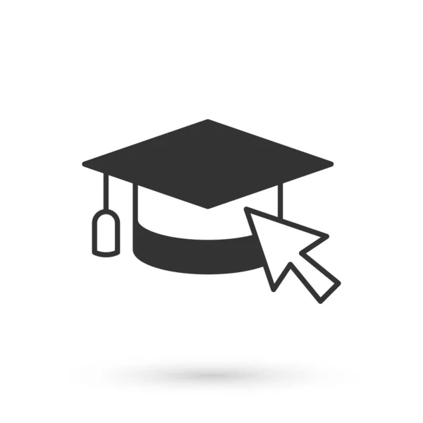 Γκρι καπάκι αποφοίτησης με εικονίδιο δρομέα που απομονώνεται σε λευκό φόντο. Παγκόσμιο σύμβολο εκπαίδευσης. Online μάθηση ή e-learning έννοια. Διάνυσμα — Διανυσματικό Αρχείο