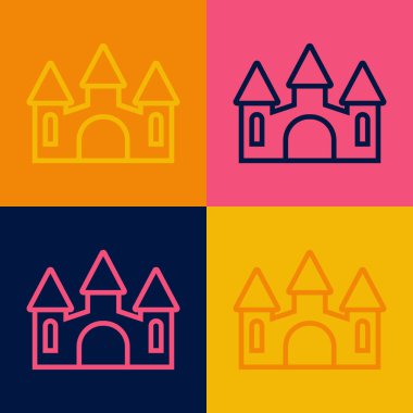 Pop Art Line Castle simgesi renk arkaplanında izole edildi. Kulesi olan bir ortaçağ kalesi. Düşmanlardan koruma. Şehrin güvenilirliği ve savunması. Vektör