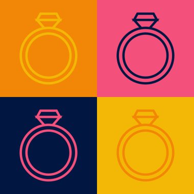 Pop sanat eseri Diamond nişan yüzüğü ikonu renk arkaplanında izole edilmiş. Vektör