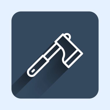 Beyaz çizgi tahta balta ikonu uzun gölge arkaplanı ile izole edilmiş. Oduncu baltası. Mavi kare düğme. Vektör