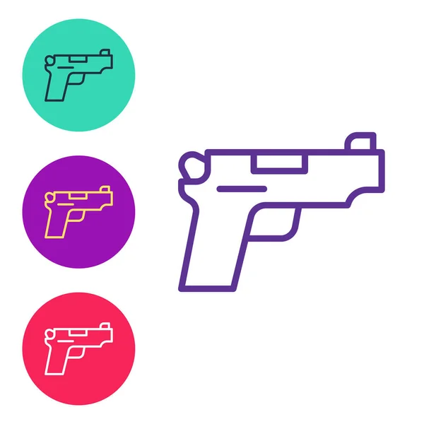 Stel lijn Pistol of pistool pictogram geïsoleerd op witte achtergrond. Politie of militair pistool. Klein vuurwapen. Stel pictogrammen kleurrijk. Vector — Stockvector