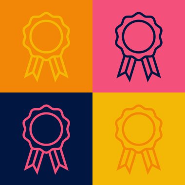 Pop Art Line Çevrimiçi Eğitim ve renkli arka planda izole edilmiş diploma ikonu. Diplomanı evde internetten aldım. Giyinme ve video semineri öğrenme. Vektör