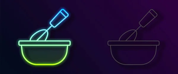 Ligne lumineuse néon Cuisson fouet avec icône bol isolé sur fond noir. Ustensiles de cuisine, batteur d'oeufs. Panneau couverts. Symbole de mélange alimentaire. Vecteur — Image vectorielle