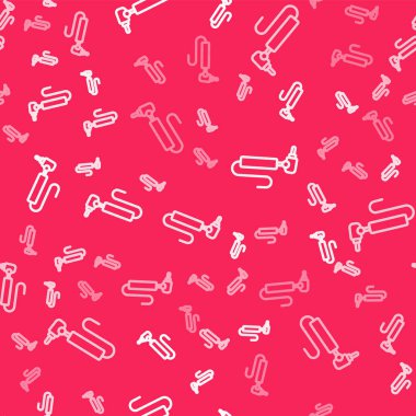 Beyaz çizgi dişli matkap simgesi kırmızı arkaplanda izole edilmiş. Delme ve öğütme aletleri için el işi. Vektör