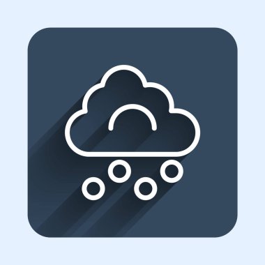 Beyaz çizgi dolu bulutu simgesi uzun gölge arkaplanı ile izole edildi. Mavi kare düğme. Vektör