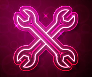 Parlayan neon çizgi anahtarı simgesi kırmızı arkaplanda izole edildi. Anahtar tamir aleti. Servis aracı sembolü. Vektör