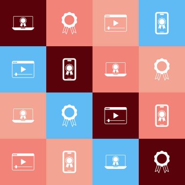 Pop Art Online eğitimi diplomayla ayarla, video ve ikon oynat. Vektör