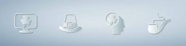 Σετ φύλλο τριφύλλι τριφύλλι, Leprechaun καπέλο, κεφάλι με τριφύλλι και καπνίζοντες πίπα. Στυλ χάρτινης τέχνης. Διάνυσμα — Διανυσματικό Αρχείο