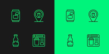 İnternetten yemek, sos şişesi, soda kutusu, kafe ve restoran ikonu sipariş ediyorlar. Vektör