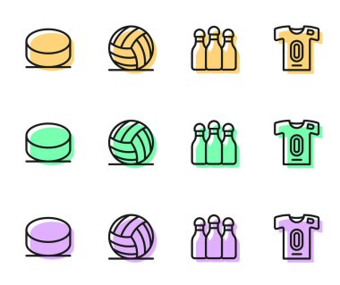 Çizgi bovling broşu, hokey topu, voleybol topu ve futbol forması ve tişört ikonu. Vektör