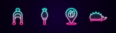 Kış şapkası, afyon haşhaşı, yaprak ve kirpili yer. Parlayan neon ikonu. Vektör