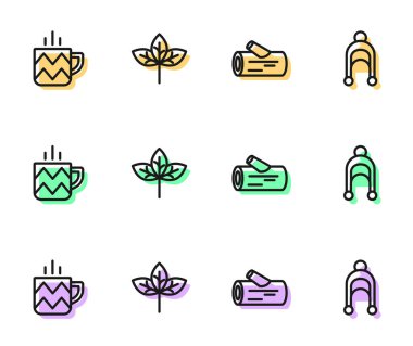 Sıra ahşap kütük, bir fincan çay, Yaprak ve Kış şapkası ikonu. Vektör