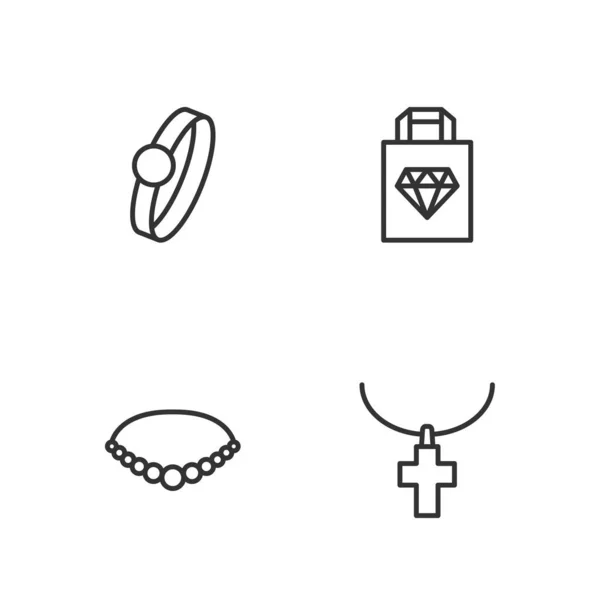 Establecer línea cristiana cruz en la cadena, collar de perlas, anillo de compromiso de diamantes y el icono de la joyería bolsa de compras. Vector — Archivo Imágenes Vectoriales