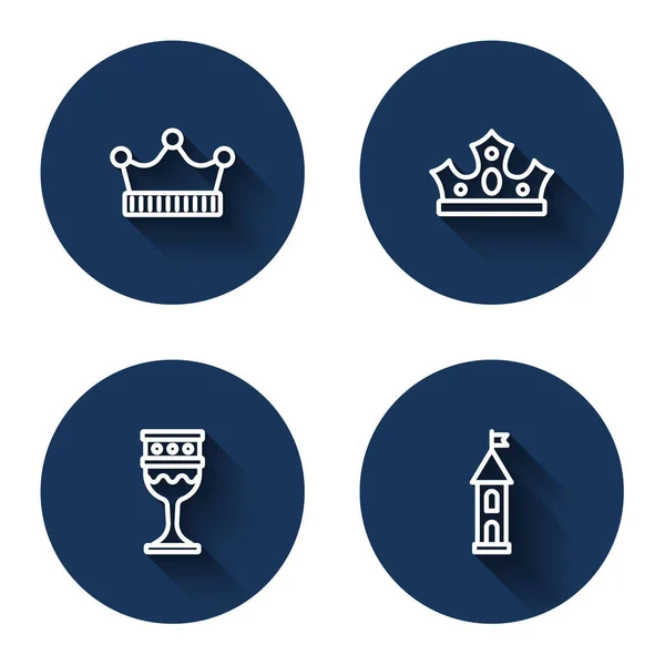 Set line King crown, Medieval goblet and Castle tower with long shadow. Blue circle button. Vector — Stock Vector