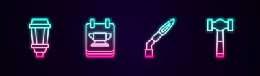 Bahçe lambası, demirci örs aleti kaynak meşalesi ve çekiç. Parlayan neon ikonu. Vektör