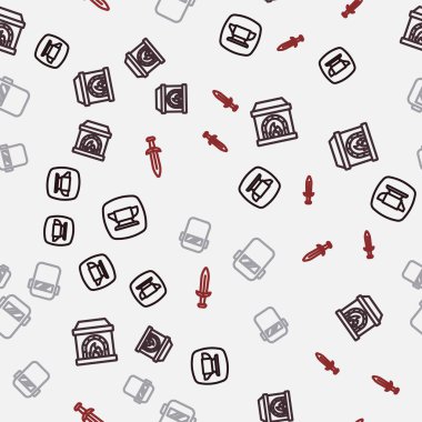 Demirci örs aletini, fırını, kaynak maskesini ve Ortaçağ kılıcını kusursuz desenlere ayarlayın. Vektör