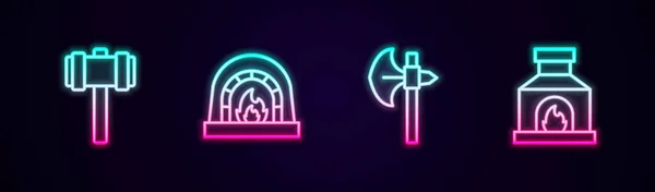 Set lijn Sledgehammer, smid oven, middeleeuwse bijl en. Een gloeiend neon icoon. Vector — Stockvector