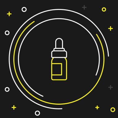 Yağ şişesi simgesi siyah arkaplanda izole edilmiş. Organik aromaterapi özü. Cilt bakımı serumu cam bırakma paketi. Renkli taslak konsepti. Vektör