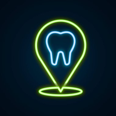 Parlayan neon hattı diş sağlığı kliniği konumu simgesi siyah arkaplanda izole edildi. Renkli taslak konsepti. Vektör