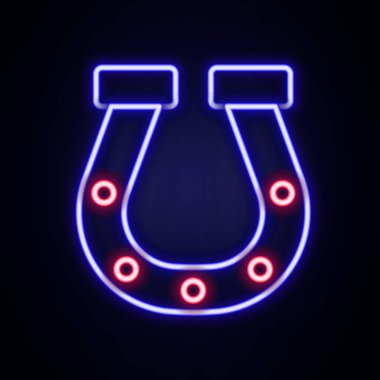 Parlayan neon çizgili at nalı simgesi tuğla duvar arkasında izole edilmiş. Renkli taslak konsepti. Vektör