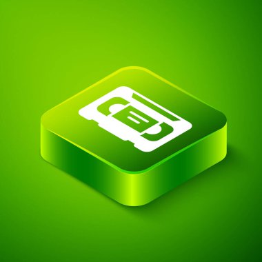 Isometric VHS video kaset ikonu yeşil arkaplanda izole edildi. Yeşil kare düğmesi. Vektör