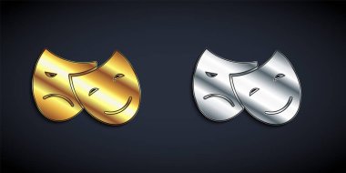 Altın ve gümüş renkli komedi ve trajedi teatral maskeler siyah arka planda izole edilmiş. Uzun gölge tarzı. Vektör