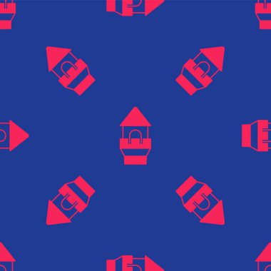 Kırmızı Kale ikonu mavi arka planda izole edilmiş kusursuz desen. Kale işareti. Vektör