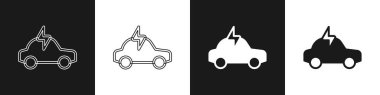 Elektrikli araba ve elektrik kablosu şarj ikonu siyah beyaz arka planda izole edildi. Yenilenebilir ekolojik teknolojiler. Vektör
