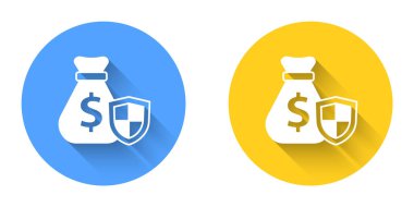 Kalkan simgesine sahip beyaz para çantası uzun gölgeli bir arka plan. Sigorta konsepti. Güvenlik, güvenlik, koruma, konsept koruma. Çember düğmesi. Vektör