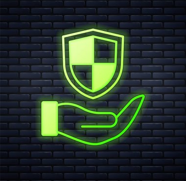 Parlayan neon kalkanı, tuğla duvar arka planında izole edilmiş bir el simgesi. Sigorta konsepti. Gardiyan. Güvenlik, güvenlik, koruma, gizlilik kavramı. Vektör