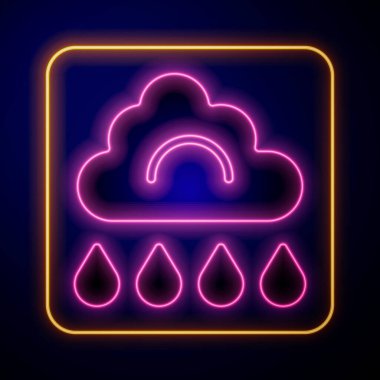 Siyah zemin üzerinde izole edilmiş yağmur ikonu olan parlak neon bulutu. Yağmur damlaları ile yağmur bulutu yağışı. Vektör