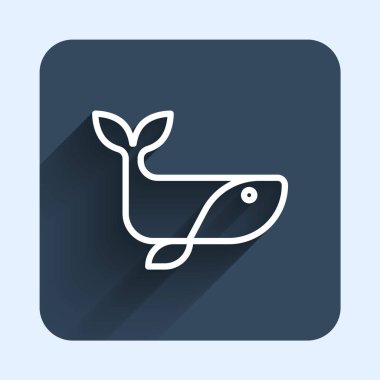 Beyaz çizgi balina simgesi uzun gölge arkaplan izole. Mavi kare düğme. Vektör