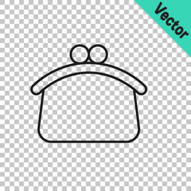 Şeffaf arkaplanda siyah çizgi cüzdan simgesi izole edildi. Çanta ikonu. Nakit tasarruf sembolü. Vektör