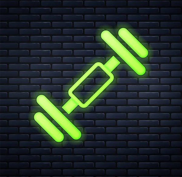 Glowing Neon Dumbbell Icon Isolated Brick Wall Background Muscle Lifting — Stock Vector