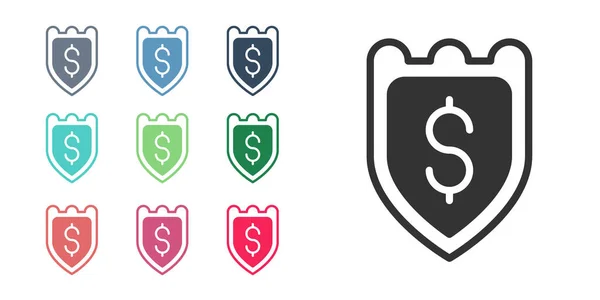 Schwarzes Schild Mit Dollarsymbol Auf Weißem Hintergrund Schutzschild Geldsicherheitskonzept Setzen — Stockvektor