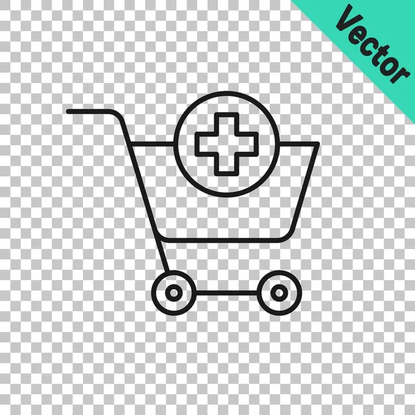 Black Line Add Shopping Cart Icon Isolated Transparent Background Online — Stock Vector