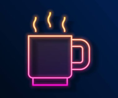 Parlayan neon hattı kahve fincanı simgesi siyah arka planda izole edilmiş. Çay fincanı. Sıcak içecek kahvesi. Vektör