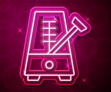 Kırmızı arkaplanda izole edilmiş hareket simgesiyle parlayan neon çizgisi Klasik Metronom. Müzik ve ritim mekanizması. Vektör
