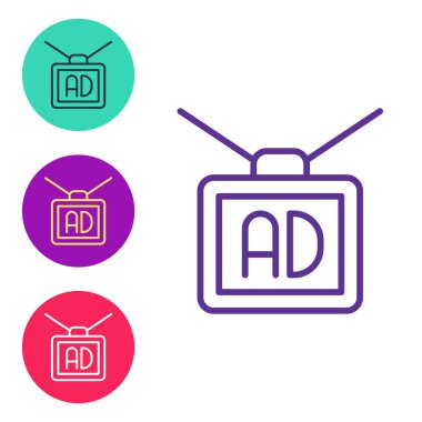 Satır reklam simgesini beyaz arkaplanda izole et. Pazarlama ve tanıtım süreci kavramı. İlgili reklamlar. Sosyal medya reklamcılığı. Simgeleri renklendirin. Vektör