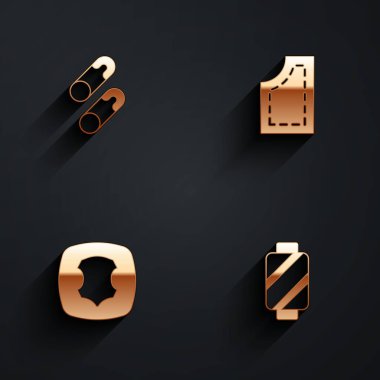 Kapalı çelik güvenlik iğnesi, dikiş deseni, makara simgesine uzun gölgeli deri ve iplik koyun. Vektör