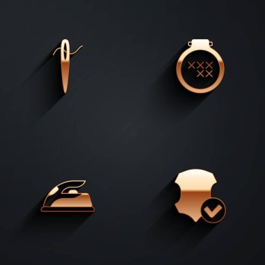 İğneyi iplikle dikmek için ayarla, Yuvarlak işlemeli halka, elektrikli demir ve uzun gölgeli deri ikon. Vektör