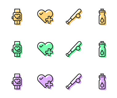 Beyzbol sopasıyla beysbol sopası, akıllı saat kalbi, kalp atış hızı ve spor sallama ikonu. Vektör