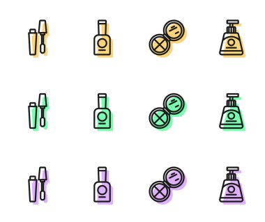 Aynalı makyaj tozu, Mascara fırçası, bir şişe tırnak cilası ve krem losyon kozmetik tüp ikonu. Vektör