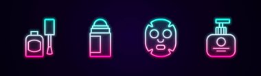 Oje şişesi, deodorant rulosu yüz estetik maskesi ve tüp el kremi. Parlayan neon ikonu. Vektör